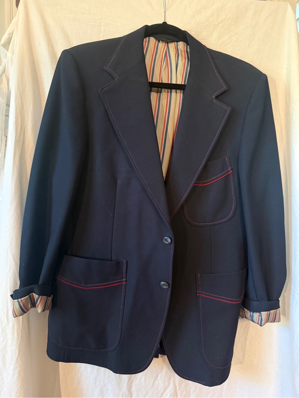 Vintage Johnny Carson Navy Blazer with Red Contrast Stitching